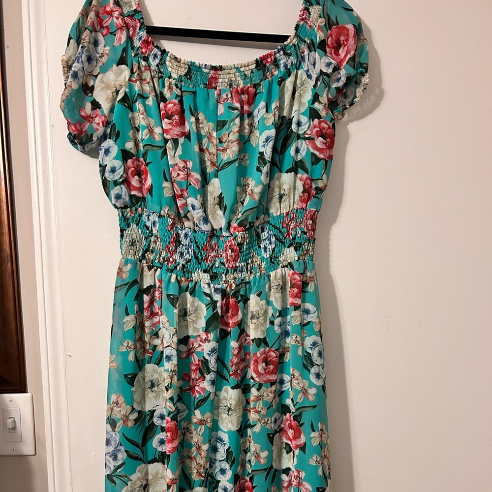 Make a statement in this green floral off the shoulder dress from INC!